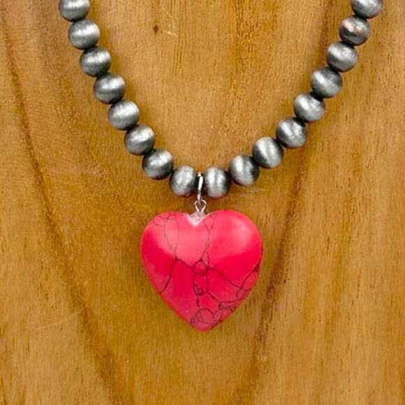 Red Stone Heart Navajo Like Beaded Necklace - Picture 2 of 2